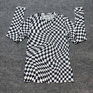 Womens M Black White Warp Checkerboard Mesh Top Psychedelic Y2K Trippy Sheer
